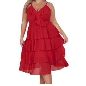 Eilly Bazar Red Sleeveless Ruffle Plus Party Dress 2XL